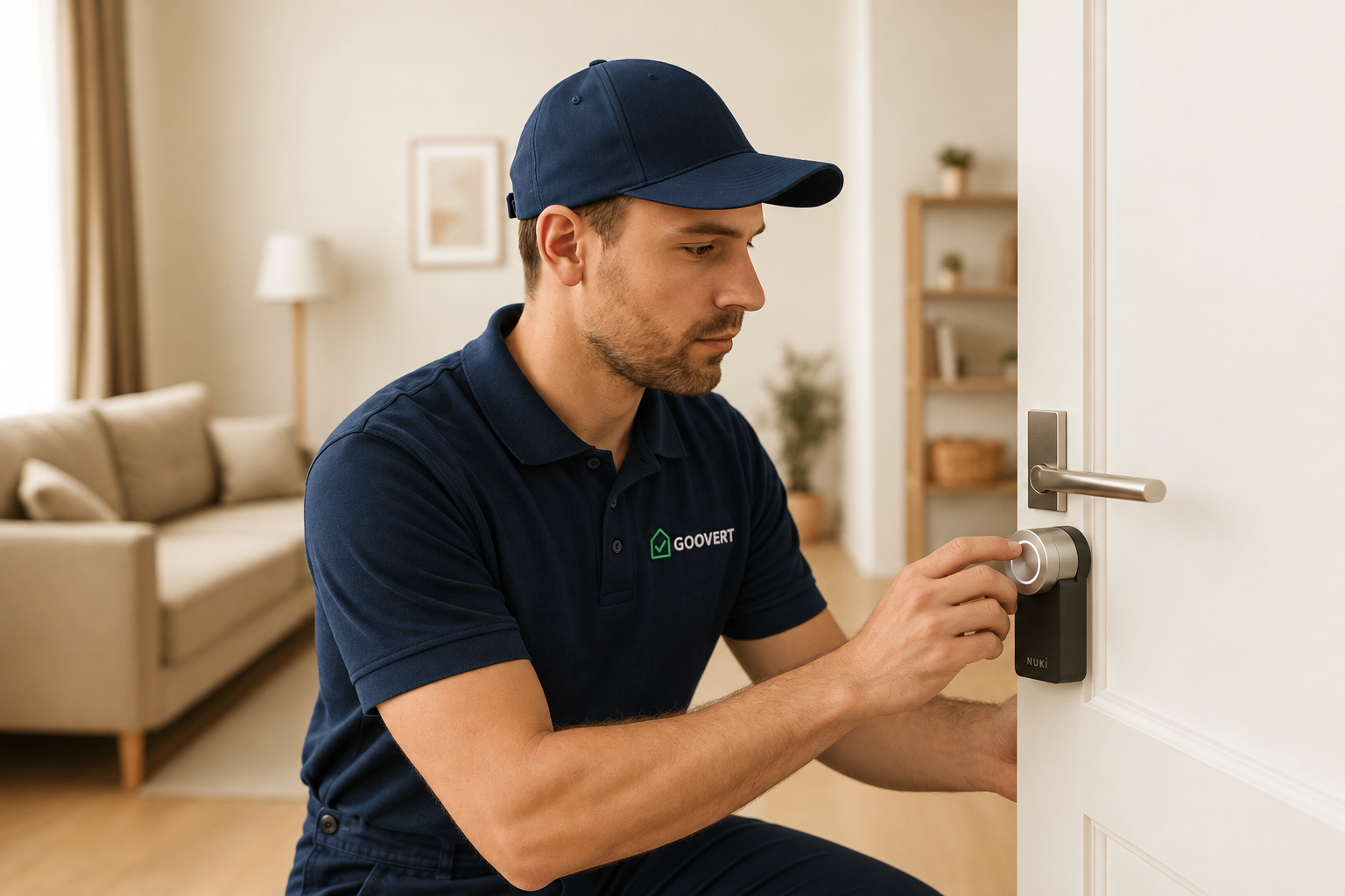 Imagen ilustrativa de un técnico con polo Goovert configurando una cerradura Nuki